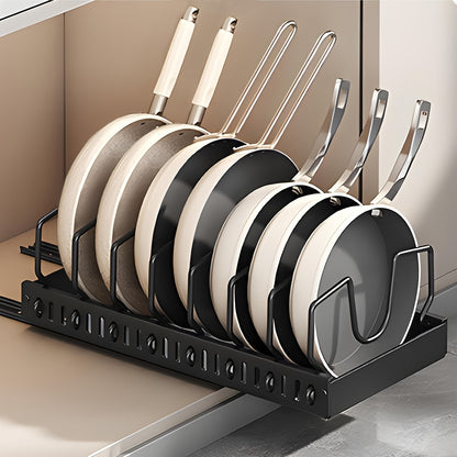 Pull Out Pot and Pan Organizer for Cabinet Sliding Lid Rack with 8-16 Adjustable Dividers Kitchen Cabinet Storage Box for Pots Pans Lids Baking Tools Plates – Black White 1 or 2 Pack