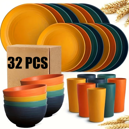 Wheat Straw Dish Set for 4 or 8 – 16 or 32 Piece Unbreakable Dinnerware Set with Dinner Plate, Dessert Plate, Cereal Bowl & Cup, Dishwasher Safe Lightweight Tableware for Camping, Everyday Use & Gifts