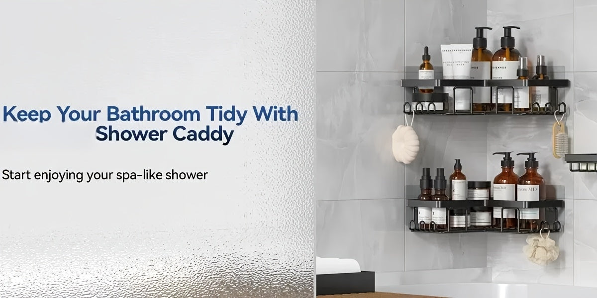 Corner Adhesive Shower Caddy 3 Pack – No Drill Wall Mounted Shower Organizer with Soap Holder & 12 Hooks, Rustproof Stainless Steel Bathroom Shelf, 8 Colors