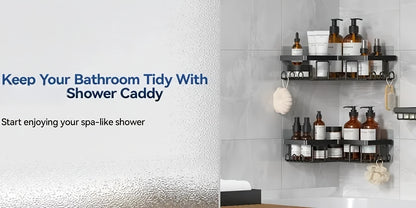 Corner Adhesive Shower Caddy 3 Pack – No Drill Wall Mounted Shower Organizer with Soap Holder & 12 Hooks, Rustproof Stainless Steel Bathroom Shelf, 8 Colors