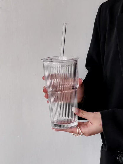 Vintage Striped Drinking Glasses with Glass Straws 19oz Borosilicate - Iced Coffee Cups Juice Glasses for Family Party - Thickened High Borosilicate Glass Tumbler Set of 2 or 4