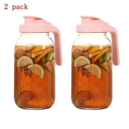 Mason Jar Glass Pitcher with Handle and Lid 64oz Wide Mouth Cold Water Pitcher with Measurement Markings for Iced Tea, Lemonade, Juice & Cold Brew - 2 or 3 Pack (Pink, Black, Blue)