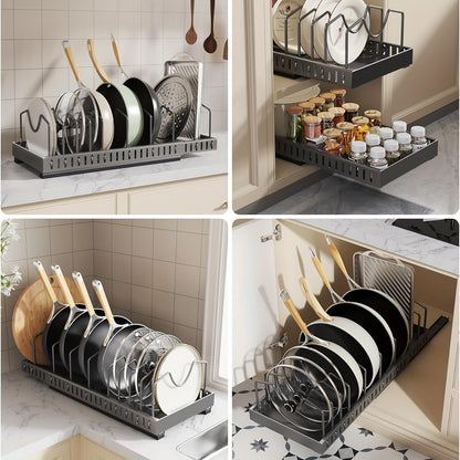 Pull Out Pot and Pan Organizer for Cabinet Sliding Lid Rack with 8-16 Adjustable Dividers Kitchen Cabinet Storage Box for Pots Pans Lids Baking Tools Plates – Black White 1 or 2 Pack