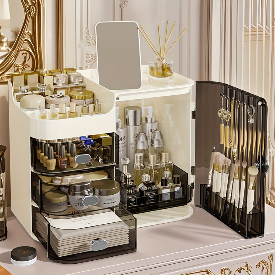 Makeup Storage Box with 3 Drawers & Mirror, High-Capacity Cosmetic Organizer Cabinet for Bathroom Vanity, Contact Lens Display Case Skincare Storage Box for Home Bathroom, Beige