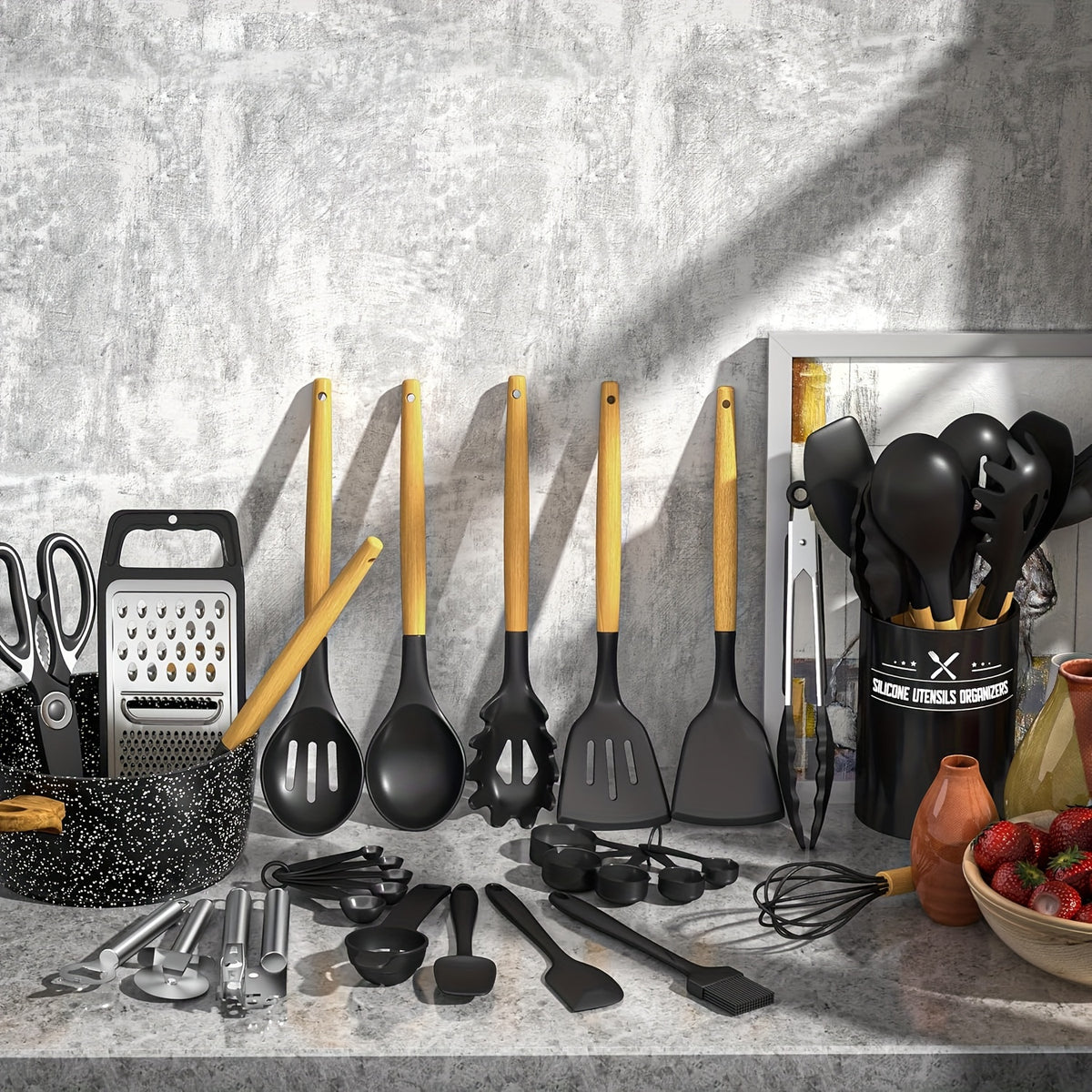 Silicone Kitchen Utensils Set 34 Piece with Holder Heat Resistant Wooden Handle Spatula Set for Nonstick Cookware – Kitchen Gadgets Cooking Tools Set Black White Gray Khaki