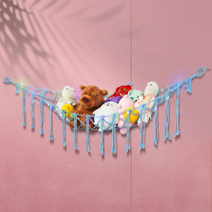 Stuffed Animal Hammock with LED Lights Corner Toy Net Organizer for Kids Bedroom Nursery Plush Toy Storage Hanging Mesh Bag
