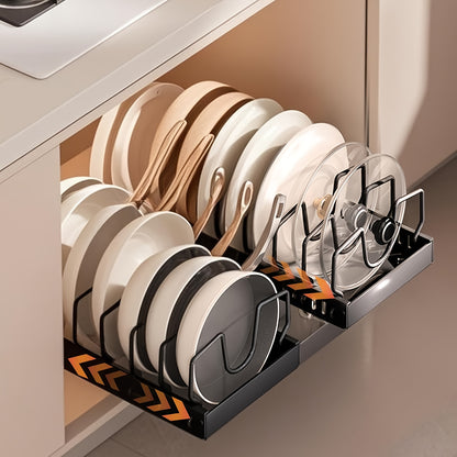 Pull Out Pot and Pan Organizer for Cabinet Sliding Lid Rack with 8-16 Adjustable Dividers Kitchen Cabinet Storage Box for Pots Pans Lids Baking Tools Plates – Black White 1 or 2 Pack