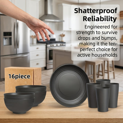Wheat Straw Dinnerware Set 16/32 Piece, Unbreakable Plastic Plates Bowls Cups for Camping Outdoor Picnic, BPA-Free Lightweight Tableware for 4/8 People, Dishwasher Safe Kitchen Dining Set Black Colorful