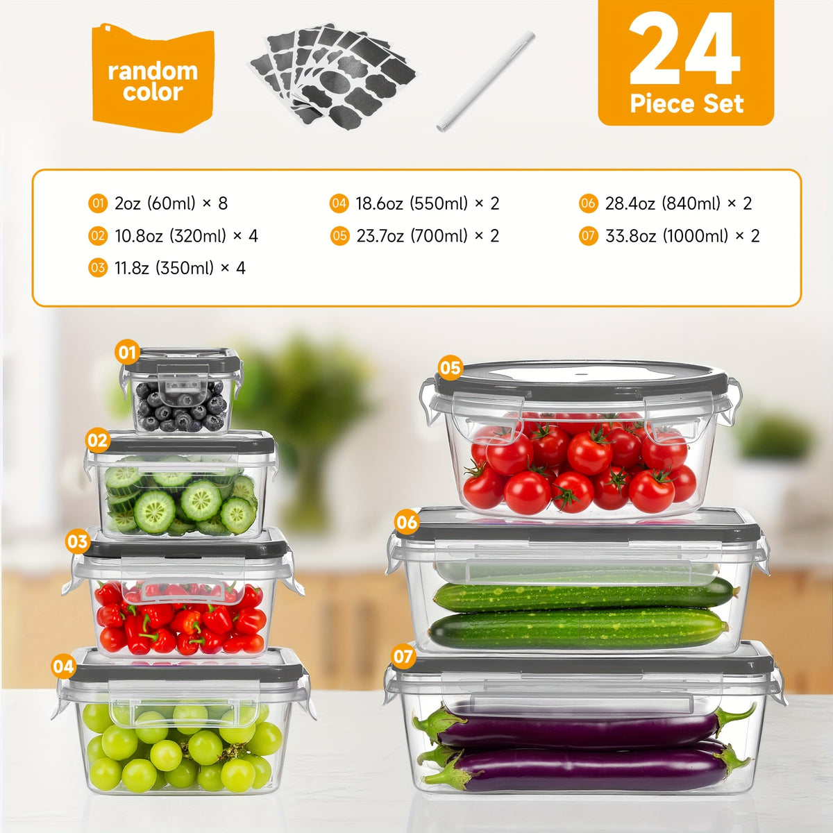 Food Storage Container Set 48 Piece Stackable Leak Proof with Lids 8 Sizes 24 Containers 24 Lids BPA Free Plastic – Airtight Kitchen Pantry Organizer Meal Prep Containers with Labels Black Blue