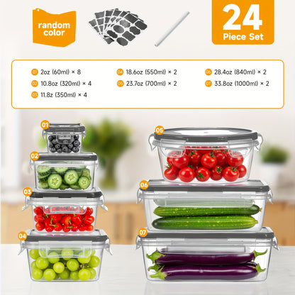 Food Storage Container Set 48 Piece Stackable Leak Proof with Lids 8 Sizes 24 Containers 24 Lids BPA Free Plastic – Airtight Kitchen Pantry Organizer Meal Prep Containers with Labels Black Blue