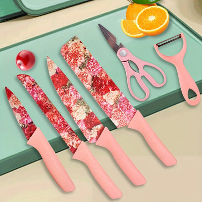 Floral Kitchen Knife Set 6 Piece Jasmine Pattern – High Carbon Stainless Steel Sharp Chef Knife, Meat Cleaver, Bread Knife, Scissors & Peeler, Ergonomic Handle, Cooking Gift for Women & Men