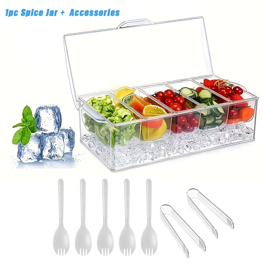 Portable Fruit Serving Tray with Lid & 5 Compartments - Chilled Salad Bowl with 5 Forks & 2 Tongs, Detachable Party Platter for Entertainment, Bar Decor & Buffet Serving