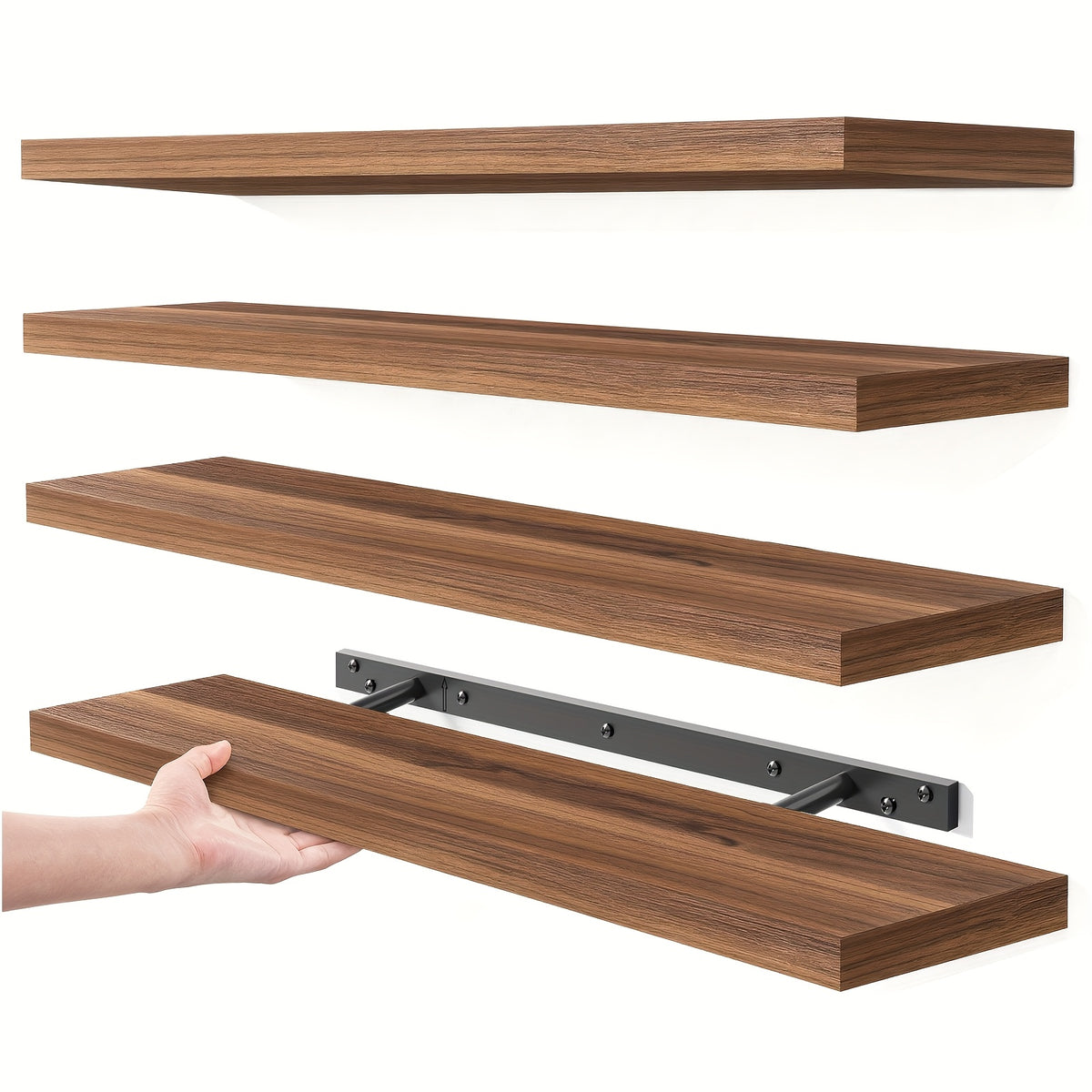 Invisible Bracket Floating Shelves 4 Pack 22 Inch Wall Mounted Wood Shelf for Bathroom Bedroom Living Room Kitchen Decor, Sturdy Wall Shelves Set with Hidden Brackets Walnut Light Brown White Black