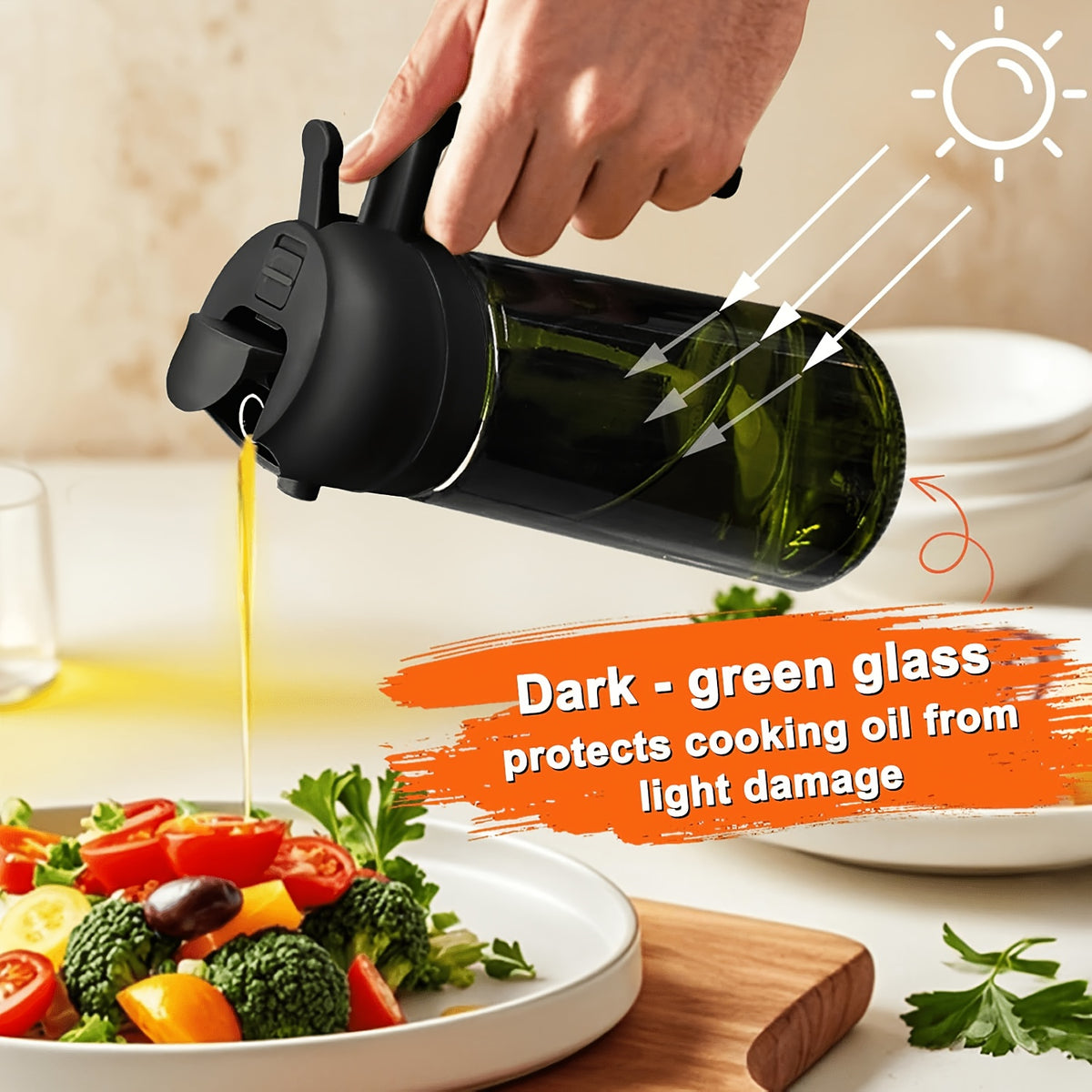 Olive Oil Dispenser Bottle Set of 2 - 16oz 480ml Borosilicate Glass Oil Bottle with Drizzle & Spray Function, Light-Blocking Dark Green & Clear Glass for Kitchen Cooking Salad Dressing