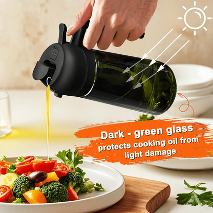 Olive Oil Dispenser Bottle Set of 2 - 16oz 480ml Borosilicate Glass Oil Bottle with Drizzle & Spray Function, Light-Blocking Dark Green & Clear Glass for Kitchen Cooking Salad Dressing