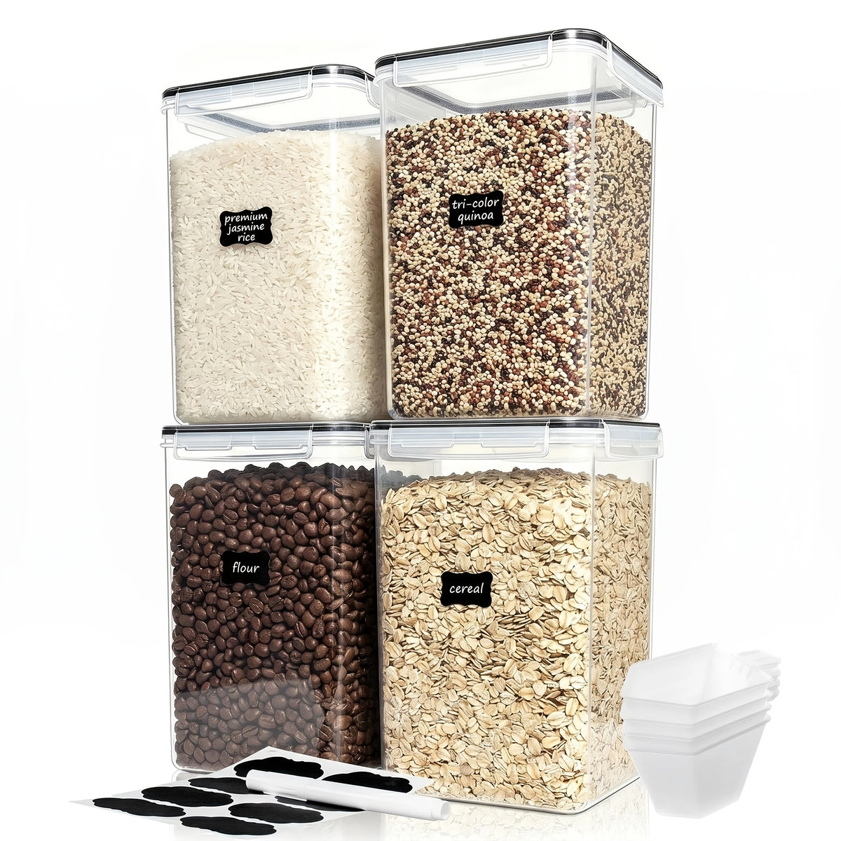 Food Storage Containers Set of 4 - Large 5.2L Airtight BPA-Free Plastic Canisters for Flour Sugar Rice Baking Supplies, Stackable Pantry Organizer with Lids Measuring Cups & Labels