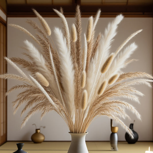 Dried Pampas Grass Bouquet 130pcs with Rye Grass – Rustic Boho Natural Dried Flower Decor for Wedding Welcome Sign Home Decor Kitchen Island Vase Filler Farmhouse Table Centerpiece
