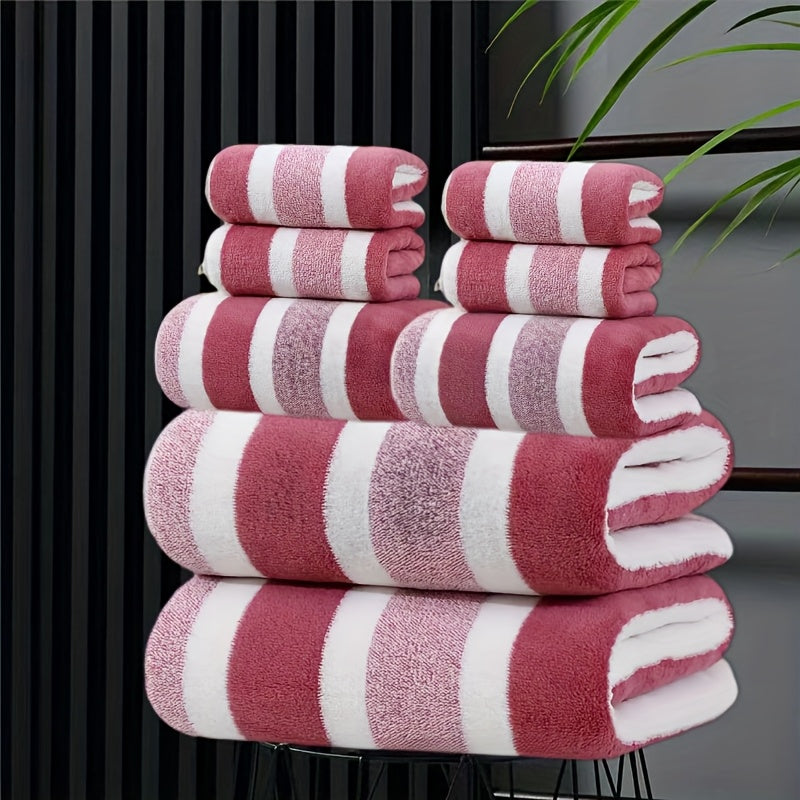 Bath Towel Set 8 Piece - Super Absorbent Soft Two-Color Striped Bathroom Towels, 2 Bath Towels 2 Face Towels 4 Hand Towels, No Hair Loss, Grey Red Blue Green
