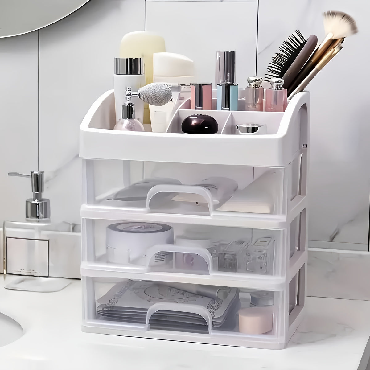 4-Layer Cosmetic Storage Organizer with 3 Pull-Out Drawers Large Capacity Skincare Makeup Desktop Rack No Assembly Bathroom Bedroom Vanity Organizer Gift for Women