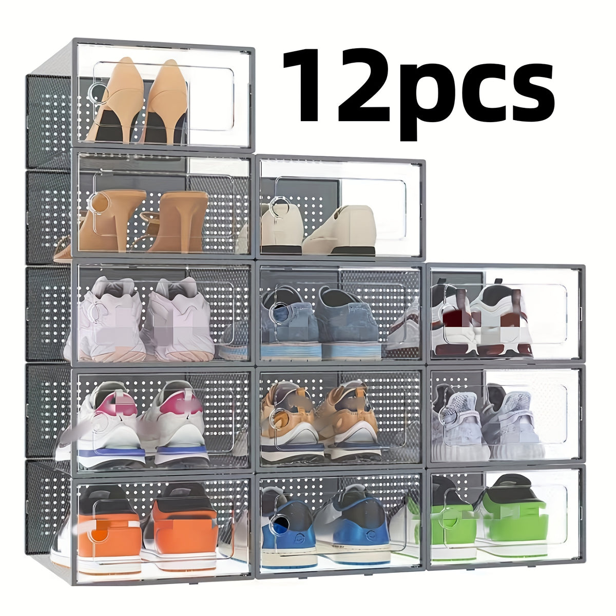 Shoe Boxes Clear Stackable with Lid 12/24pcs – Thickened Transparent Foldable Sneaker Storage Organizer for Entryway Bedroom Closet Dorm, Black White Gray