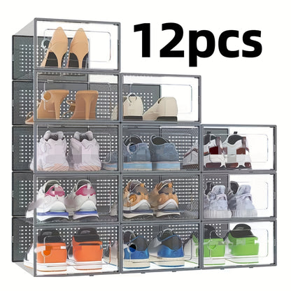Shoe Boxes Clear Stackable with Lid 12/24pcs – Thickened Transparent Foldable Sneaker Storage Organizer for Entryway Bedroom Closet Dorm, Black White Gray