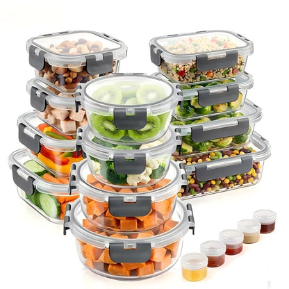 24pcs Glass Lunch Bento Boxes with Lids – 12 Containers + 12 Lids, Leak-Proof Meal Prep Food Storage, Microwave Oven Refrigerator Dishwasher Safe, Grey