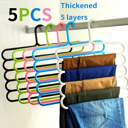 Pants Hangers 5 Pack 5-Layer Non-Slip Space Saving Closet Organizer Hanger Rack for Clothes Pants Jeans Scarves Ties Wardrobe Laundry Room 4 Colors