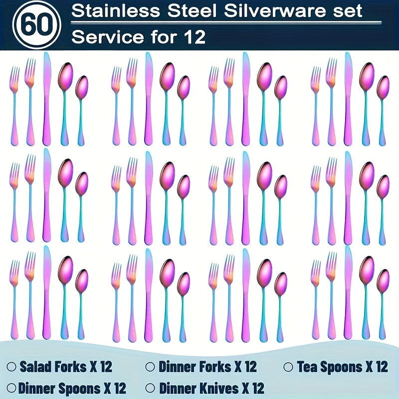 Rainbow Flatware Set Stainless Steel 20 or 60 Piece, Colorful Iridescent Cutlery Set Dishwasher Safe Rust-Resistant, Silverware Set for Home Wedding Restaurant Dining, Forks Knives Spoons