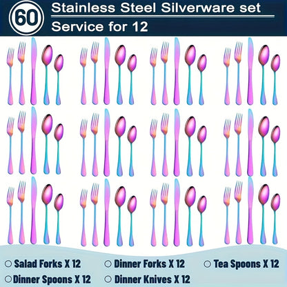 Rainbow Flatware Set Stainless Steel 20 or 60 Piece, Colorful Iridescent Cutlery Set Dishwasher Safe Rust-Resistant, Silverware Set for Home Wedding Restaurant Dining, Forks Knives Spoons