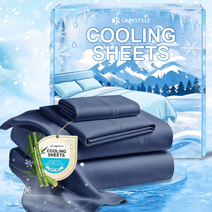 Ice-Cooling Bamboo Sheets Set Deep Pocket - Ultra Soft Breathable Skin-Friendly Fitted Sheet Flat Sheet & Pillowcases, Wrinkle-Free, All Season, Kids & Hot Sleepers, Twin Full Queen King