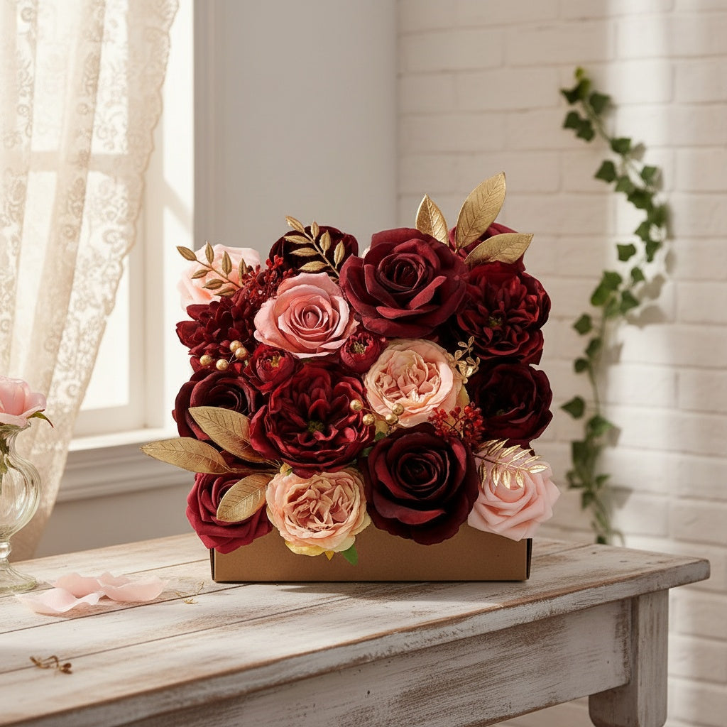 Artificial Rose Bouquet Wine Red – Plastic Faux Flowers for Wedding Engagement Tabletop Decor, Halloween Day of the Dead Memorial Day Fall Winter Events