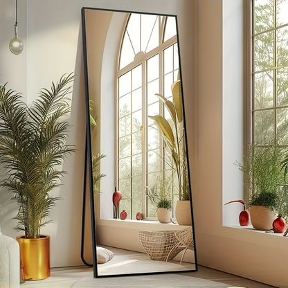 Arched Full Length Mirror 59x16 Inch, Freestanding Floor Mirror with Thin Frame Vertical or Tilted, Large Wall Leaning Mirror for Bedroom Living Room Nursery, Black Gold Aesthetic Home Decor
