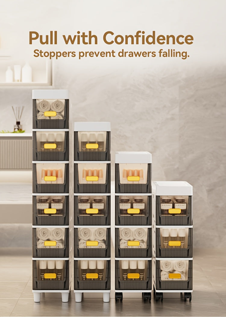 Slim Storage Cabinet with Drawers 3 4 5 6 Tier, Waterproof PP Plastic Drawer Organizer Unit for Bathroom Kitchen Bedroom, Narrow Rolling Storage Cart with Wheels for Small Spaces