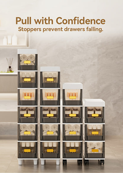 Slim Storage Cabinet with Drawers 3 4 5 6 Tier, Waterproof PP Plastic Drawer Organizer Unit for Bathroom Kitchen Bedroom, Narrow Rolling Storage Cart with Wheels for Small Spaces