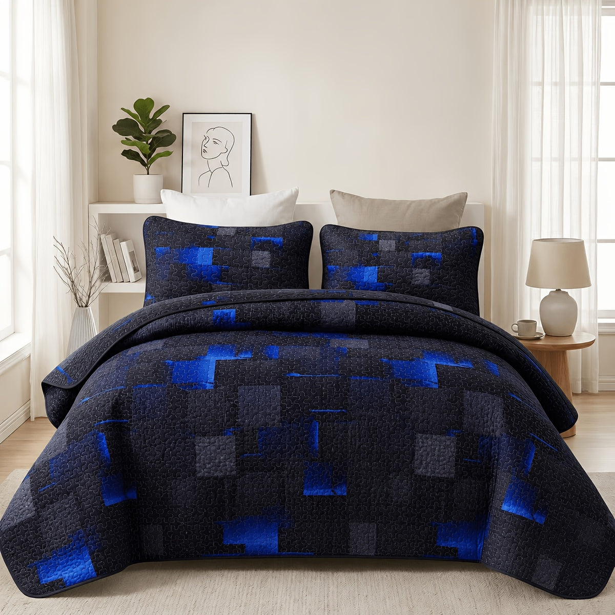 Duvet Cover Set 2/3 Piece Coin Pattern – Soft Skin-Friendly Hypoallergenic Machine Washable Quilt Cover with Pillowcases, Twin Full Queen King, 12 Colors Solid & Plaid Minimalist Bedroom Bedding