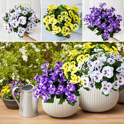 Artificial Pansy Flowers 6 Bunches Realistic Plastic Blooms for Indoor Outdoor Home Garden Decor, Weather-Resistant Faux Flowers Yellow Purple White Colorful Display, Low Maintenance Floral Arrangement