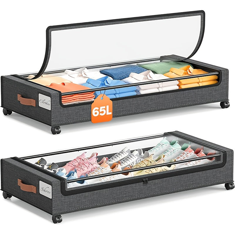 Under Bed Storage Bins with Wheels 2 Pack, Rolling Underbed Storage Box with Metal Drawer, Bed Storage Organizer for Clothes Blankets Shoes Books Bedding, Under Bed Storage Containers with Lid