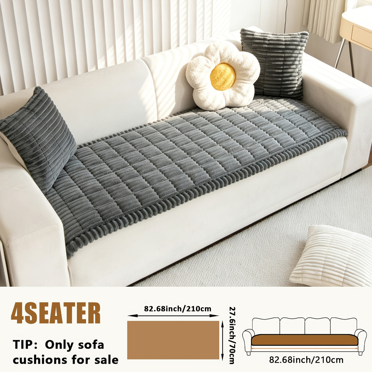 Sofa Cover Plush Velvet - Washable Stretch Couch Cover with Wavy Edge, Soft Shu Velveteen Sofa Protector for 1 2 3 4 Seater, Easy Install Furniture Cover in White Khaki Gray