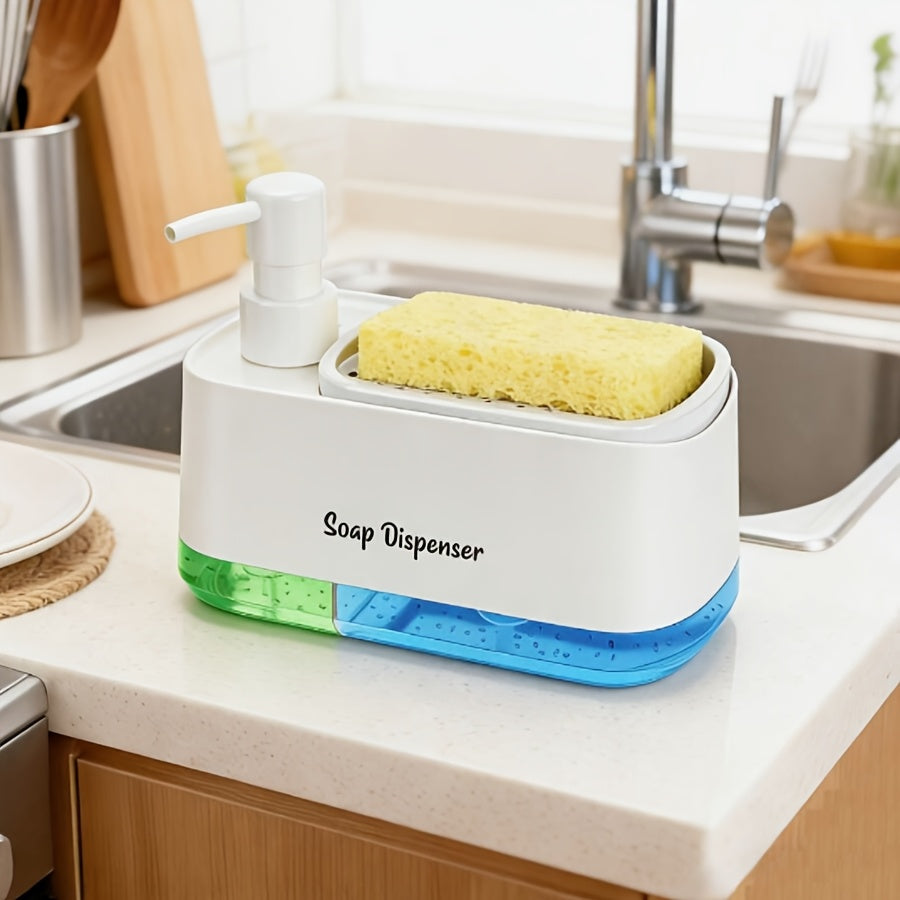 Soap Dispenser with Built-In Sponge Holder, Leak-Proof Battery-Free Pump, Space-Saving Countertop Organizer for Kitchen & Bathroom, Hygienic Hands-Free Design, Durable Rectangular Dispenser