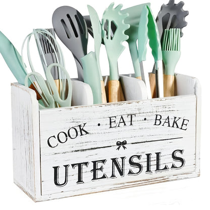 Rustic Wooden Kitchen Utensil Organizer with 3 Compartments – Countertop or Wall Mount Utensil Holder with Handle for Cooking, Dining & Baking Tools, White & Black Kitchen Storage