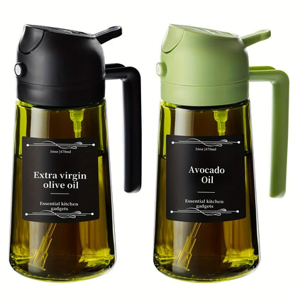 Glass Olive Oil Dispenser Bottle 2 Pack 16oz, 2-in-1 Oil Bottle and Cooking Oil Sprayer for Kitchen BBQ Salad, Premium Dark Green Black Glass Oil Dispenser with 6 Labels