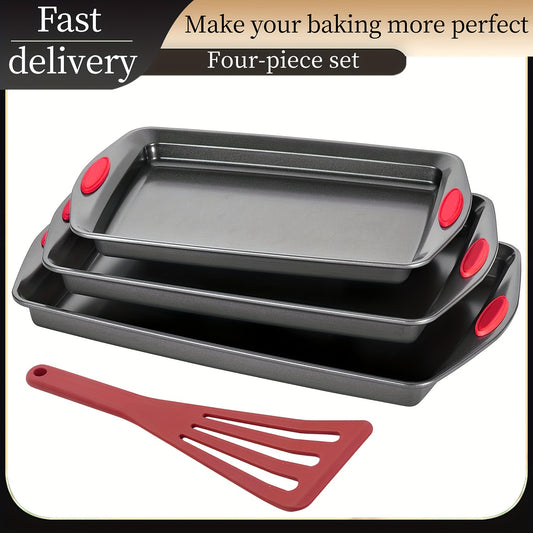 Nonstick Baking Pan Set – 3 or 4 Piece Commercial Grade Steel Oven Pans with Red Silicone Handles, Large Medium & Small Sizes, Easy Clean, Restaurant Quality