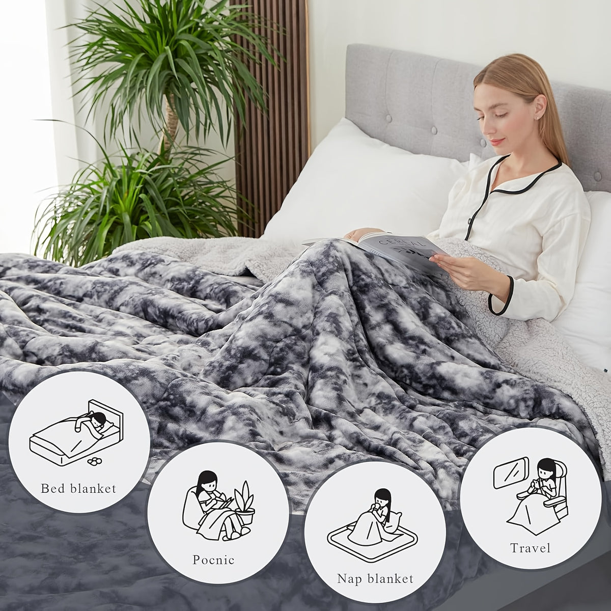 Sherpa Fleece Blanket 500GSM Three-Layer Warm Throw Blanket for Sofa Couch Bed Camping - Soft Plush Blanket All Seasons Navy Blue Beige Dark Gray Tie-dye Grey