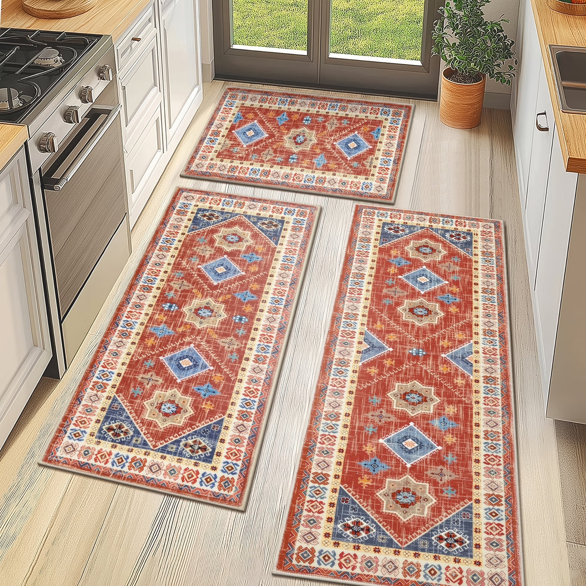 Boho Kitchen Mat Set 3-Piece with Runner – Non-Slip Washable Thick Kitchen Rugs and Mats for Floor, Kitchen Runner Rug for Hallway Laundry Room Holiday Decor
