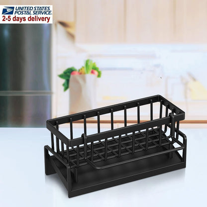 Sink Sponge Holder Kitchen Sink Organizer with Self-Draining Tray – Countertop Storage Rack for Dish Brush, Soap Dispenser & Sponge – Black Kitchen Sink Caddy for Home Organization