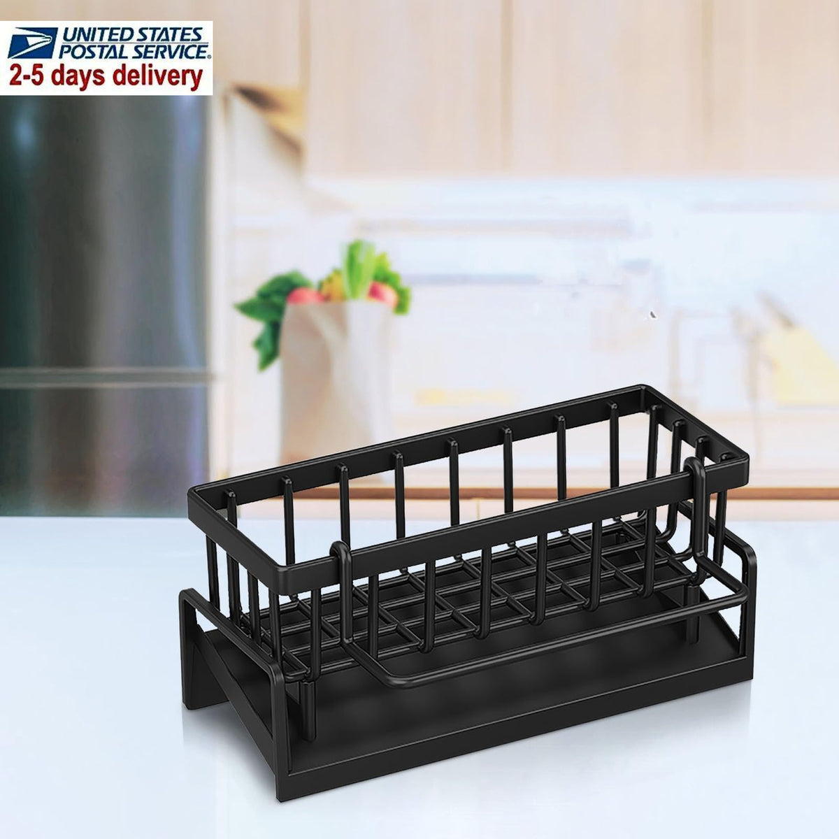 Sink Sponge Holder Kitchen Sink Organizer with Self-Draining Tray – Countertop Storage Rack for Dish Brush, Soap Dispenser & Sponge – Black Kitchen Sink Caddy for Home Organization