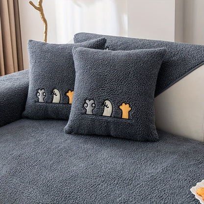 Sofa Cover Plush Shearling Non-Slip Pet-Friendly – Thick Couch Protector with Animal Bone Embroidery for 2 3 4 Seater, Soft Warm Slipcover for Living Room Bedroom Office in Dark Gray Off White Coffee Black