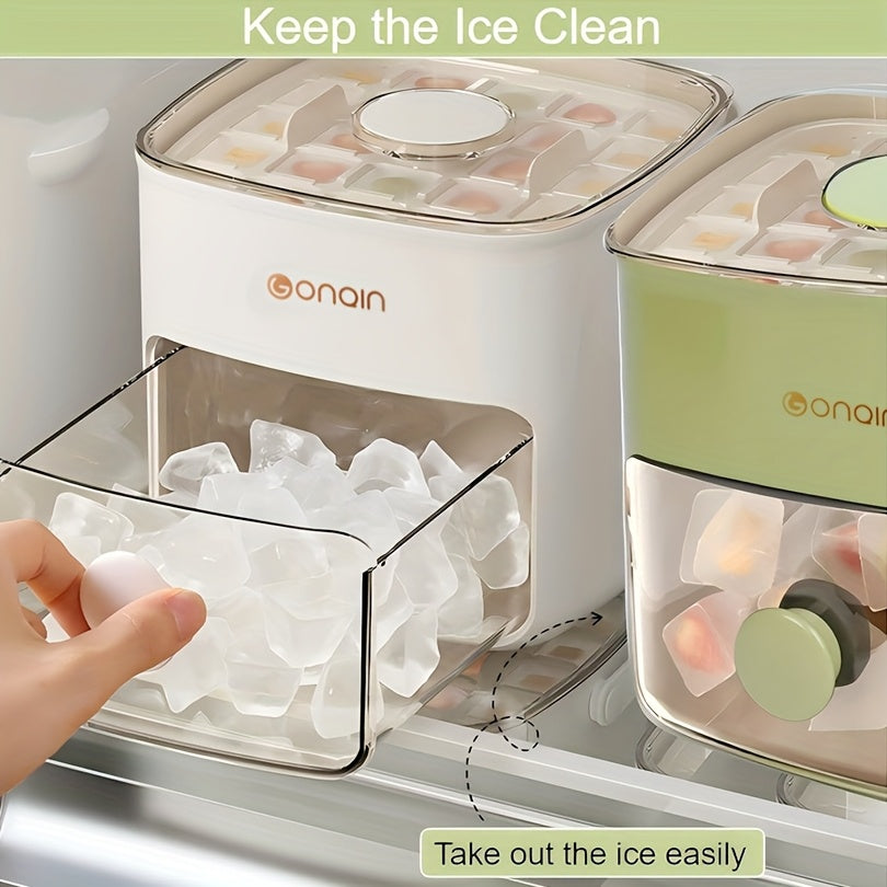 48-Compartment Ice Cube Tray with Lid – Double Layer Food Grade Plastic Mold for Beverages, Tea & Coffee, Easy-Release Stackable Ice Box, Portable Kitchen Gadget in Beige & Green