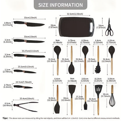 Silicone Cookware Set 19pcs Non-Stick with Bamboo Storage Containers & Knives – Heat-Resistant Pots Pans Utensils, Wooden Handle, Induction & Oven Safe, Kitchen Cooking Gift