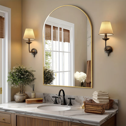 Gold Black Arch Mirror Wall Mounted Metal Frame Arched Wall Mirror Multiple Sizes for Bathroom Bedroom Entryway Living Room Vanity